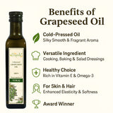 An infographic showing the health and nutritional benefits of eating and using cold pressed grapeseed oil.