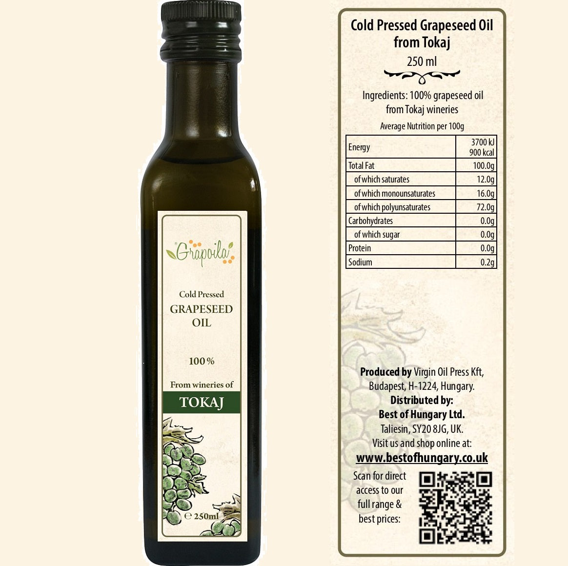 Infographic showing the detailed nutritional information of grapeseed oil.