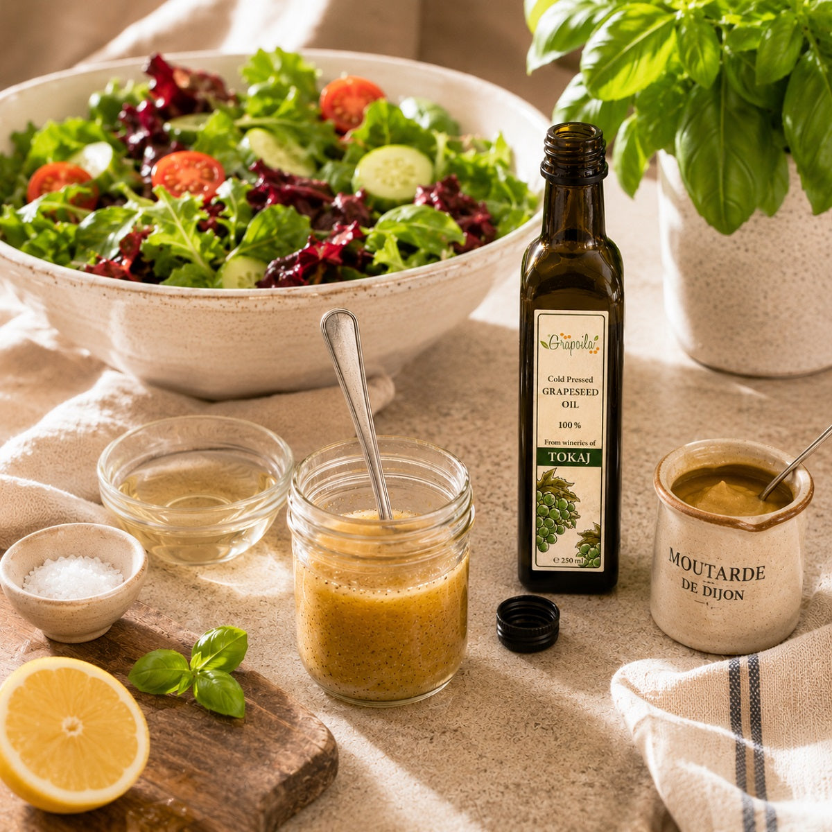 Bowl of salad with a vinaigrette made with Dijon mustard, vinegar and cold-pressed grapeseed oil.