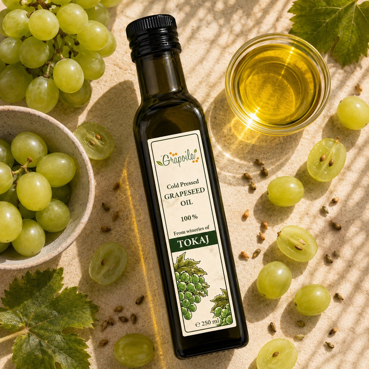 Bottle of cold-pressed grapeseed oil with green grapes and grape seeds on a light background.