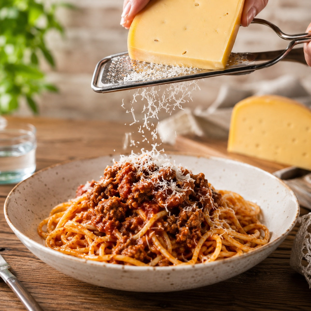Person grating caraway cheese over a bowl of spaghetti on a wooden table.