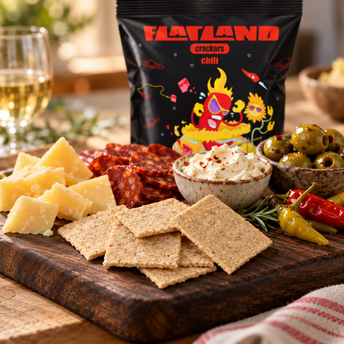 A bag of Flatland Keto Spicy Chilli Crackers on a wooden board surrounded by cheese, salami, olives and a dip bowl.