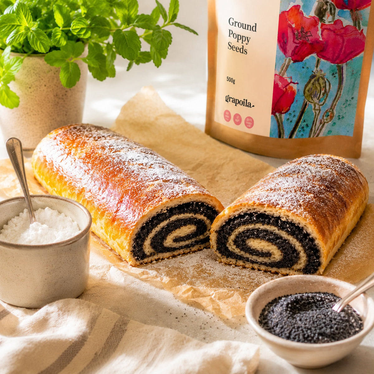 Pastry roll with a ground poppy seed filling on a wooden board with a container of poppy seeds and icing sugar.
