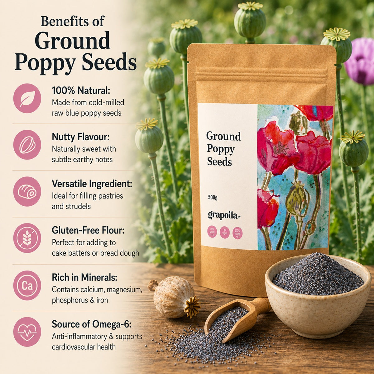 Infographic showing the health and nutritional benefits of using ground poppy seeds.