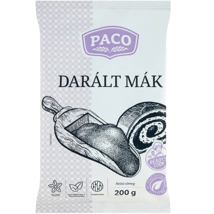 A pack of ground poppy seeds, made by finely milling whole blue poppy seeds.