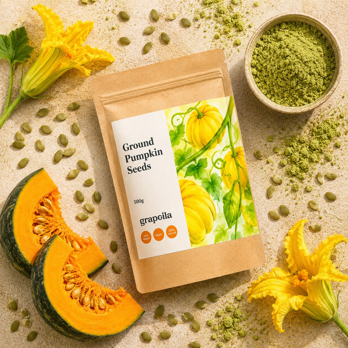 Grapoila ground pumpkin seeds packaging with pumpkin flowers and seeds on a textured surface