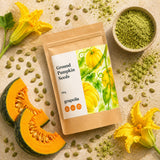 Grapoila ground pumpkin seeds packaging with pumpkin flowers and seeds on a textured surface