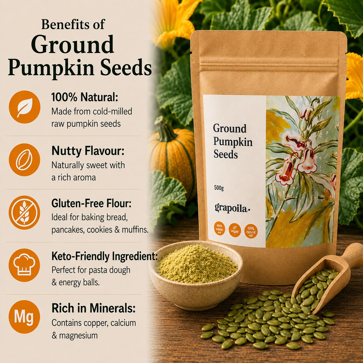 Infographic showing the benefits of using ground pumpkin seeds.