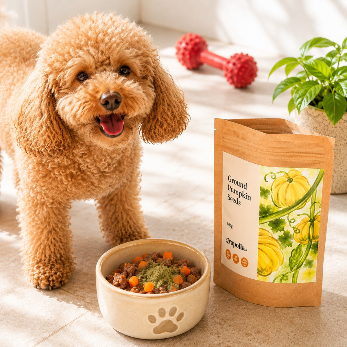Dog next to a bowl of food and a package of ground pumpkin seeds on a light surface.