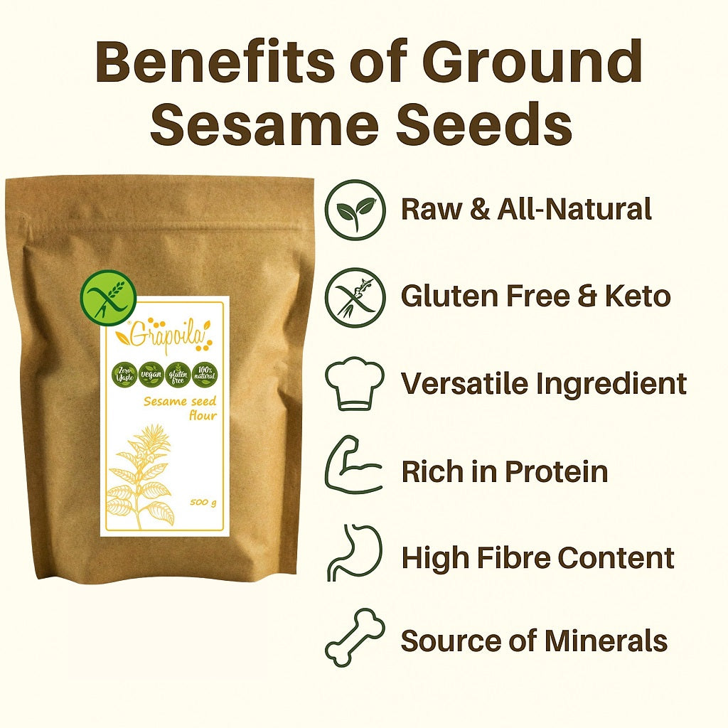 An infographic showing the health and nutritional benefits of eating and using ground sesame seed flour.