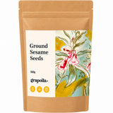 Pack of ground sesame seeds, made by finely milling raw yellow sesame seeds.