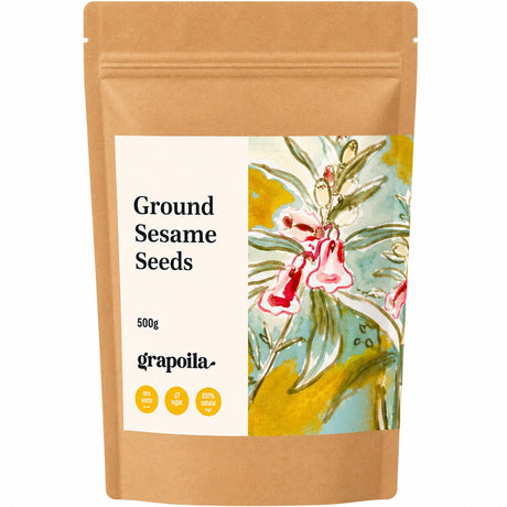 Pack of ground sesame seeds, made by finely milling raw yellow sesame seeds.