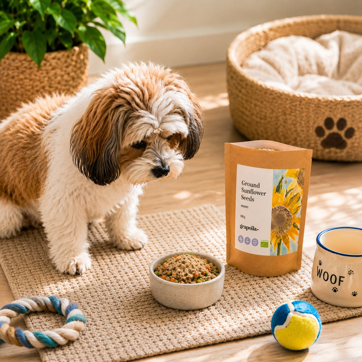 Dog next to a bowl of food and a package of ground sunflower seeds on a light surface.