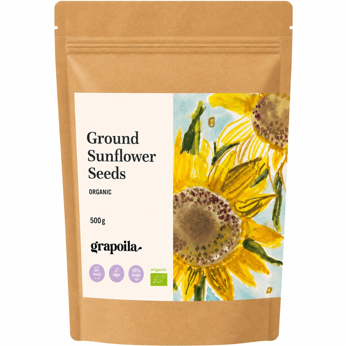 Pack of ground sunflower seeds, made by milling raw sunflower seeds into a fine meal.