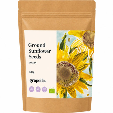 Pack of ground sunflower seeds, made by milling raw sunflower seeds into a fine meal.