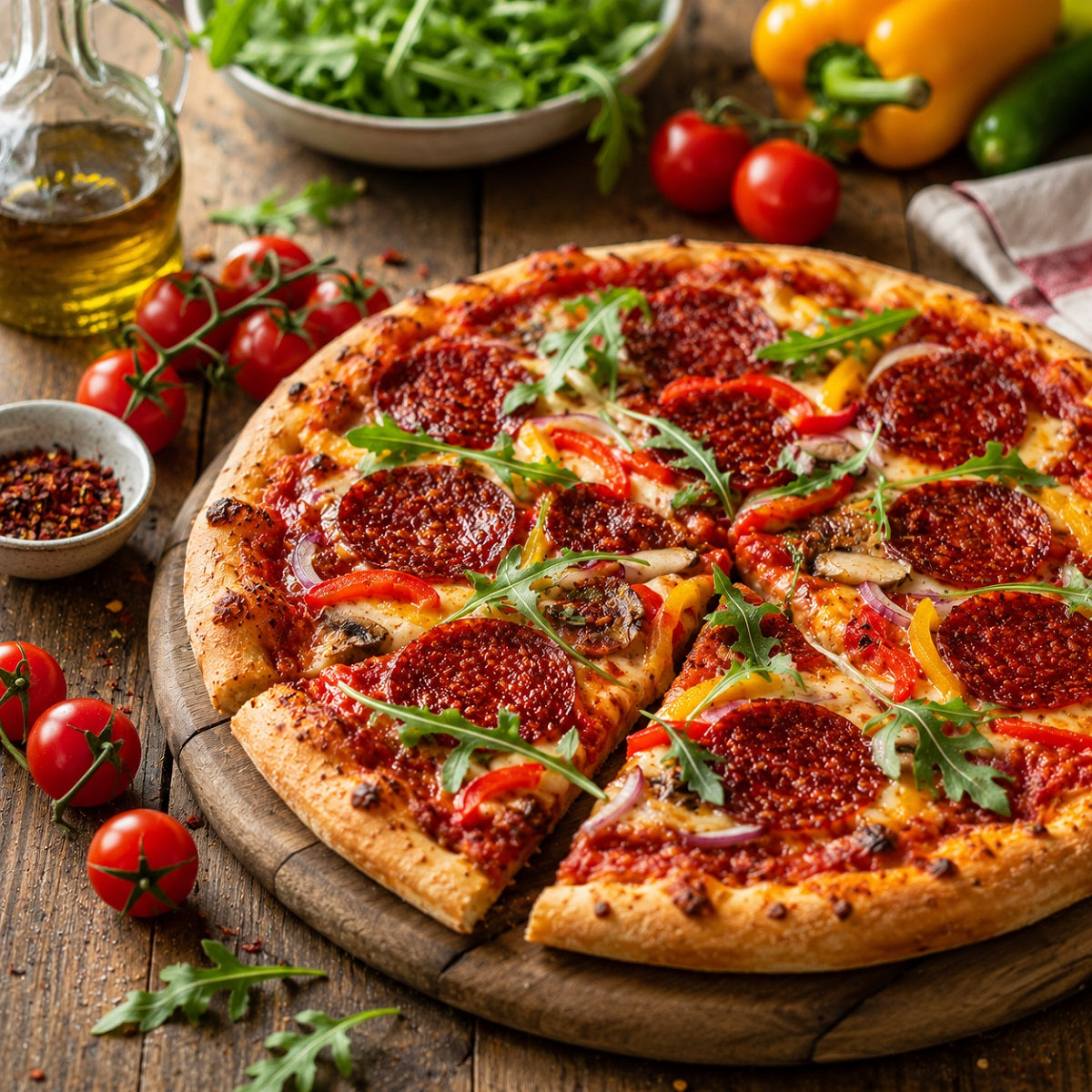 Pizza with slices of Gyulai sausage used as pepperoni, on a wooden board.