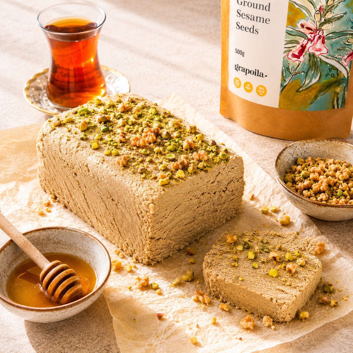 Halva cake made with ground sesame seeds and honey, topped with coarsely chopped nuts.