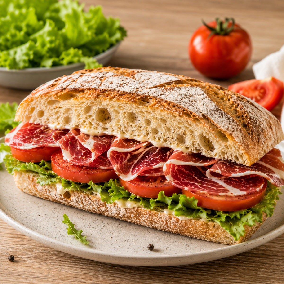 Sourdough bread sandwich with lettuce, tomato and mangalitsa ham slices.
