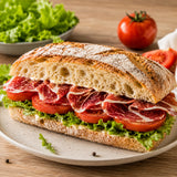 Sourdough bread sandwich with lettuce, tomato and mangalitsa ham slices.