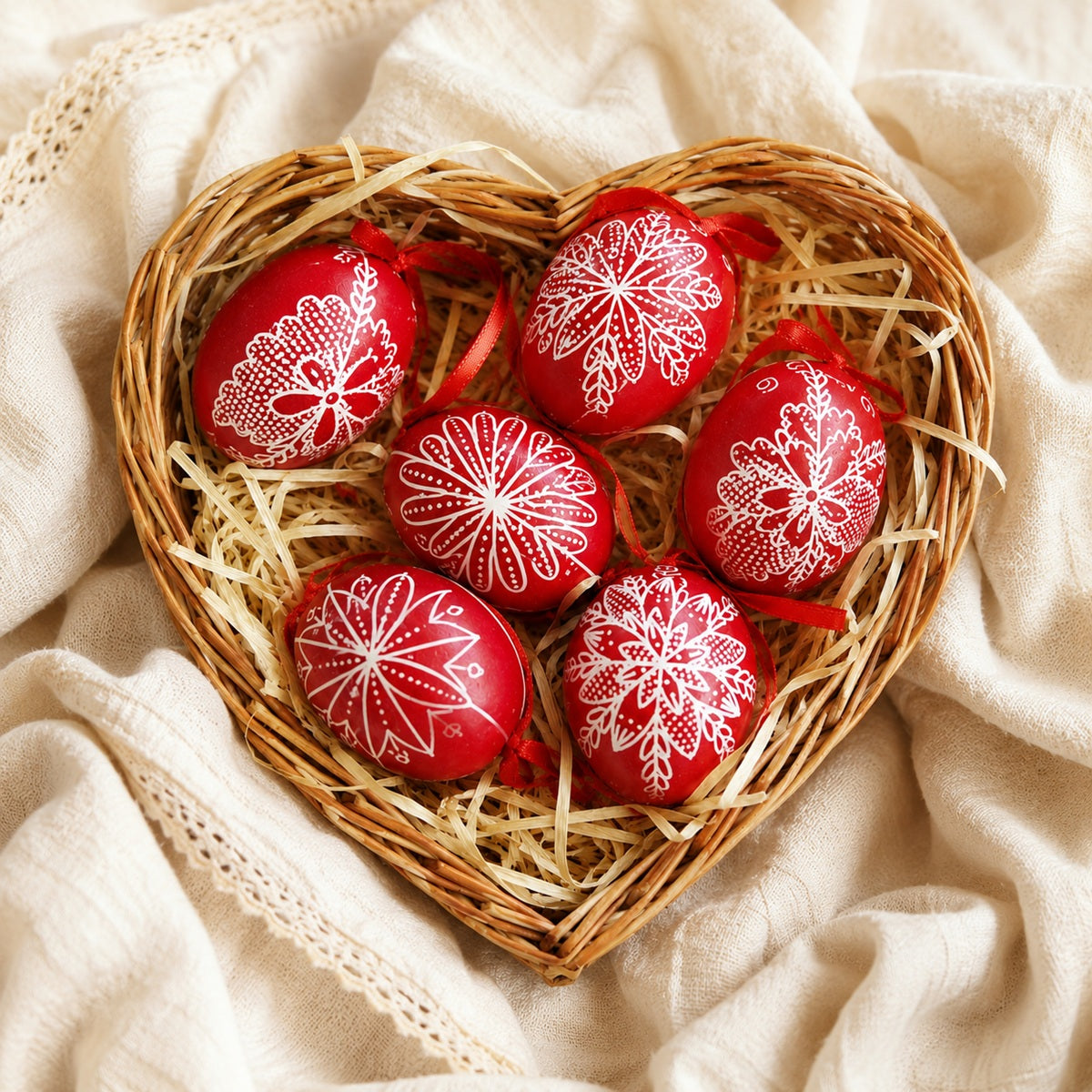 Heart-shaped wicket basket with six hand-made red Easter eggs on a textile background.