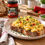 A thick-cut sourdough with scrambled eggs, topped with chives and Haragos Pista extra-hot pepper paste.