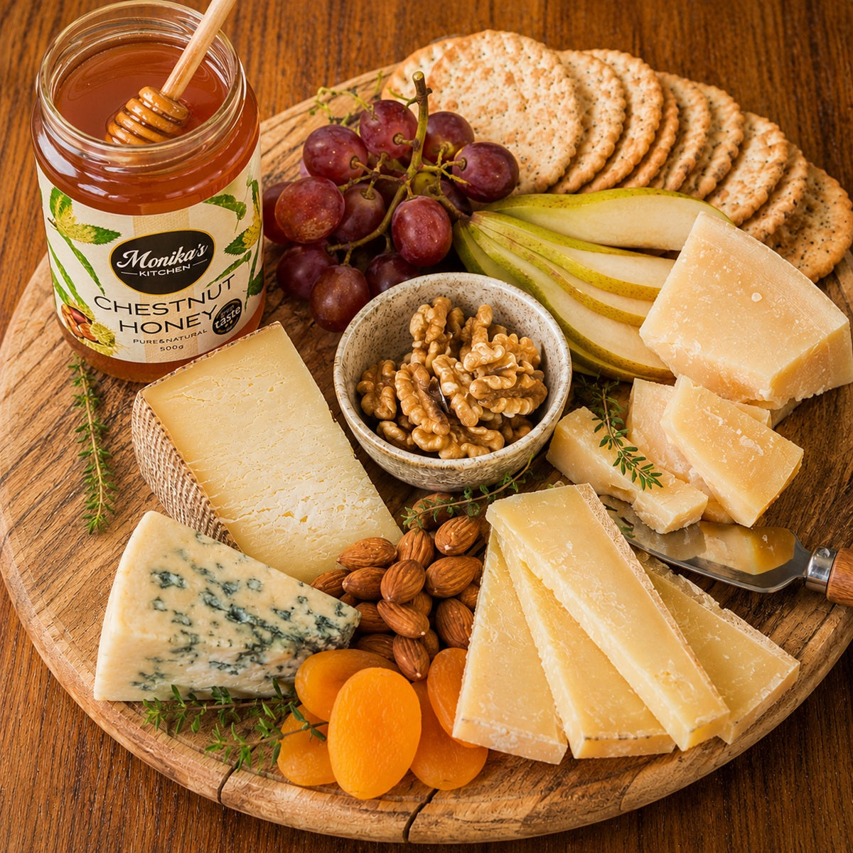 Wooden platter with assorted hard cheeses, fruits, nuts, paired with a jar of chestnut honey on a wooden surface.