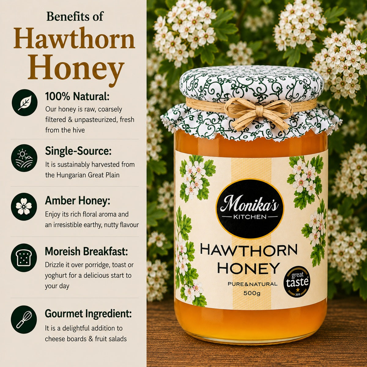 Infographic showing the benefits of eating and using raw hawthorn honey.