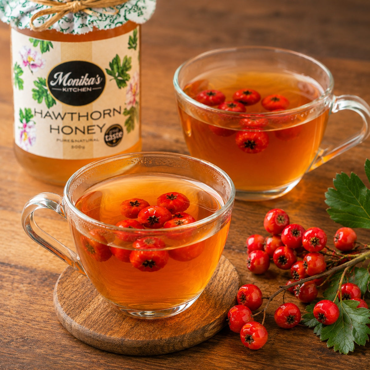 Two cups of hawthorn tea from fresh berries, with a jar of Monika's Kitchen Hawthorn Honey on a wooden surface.