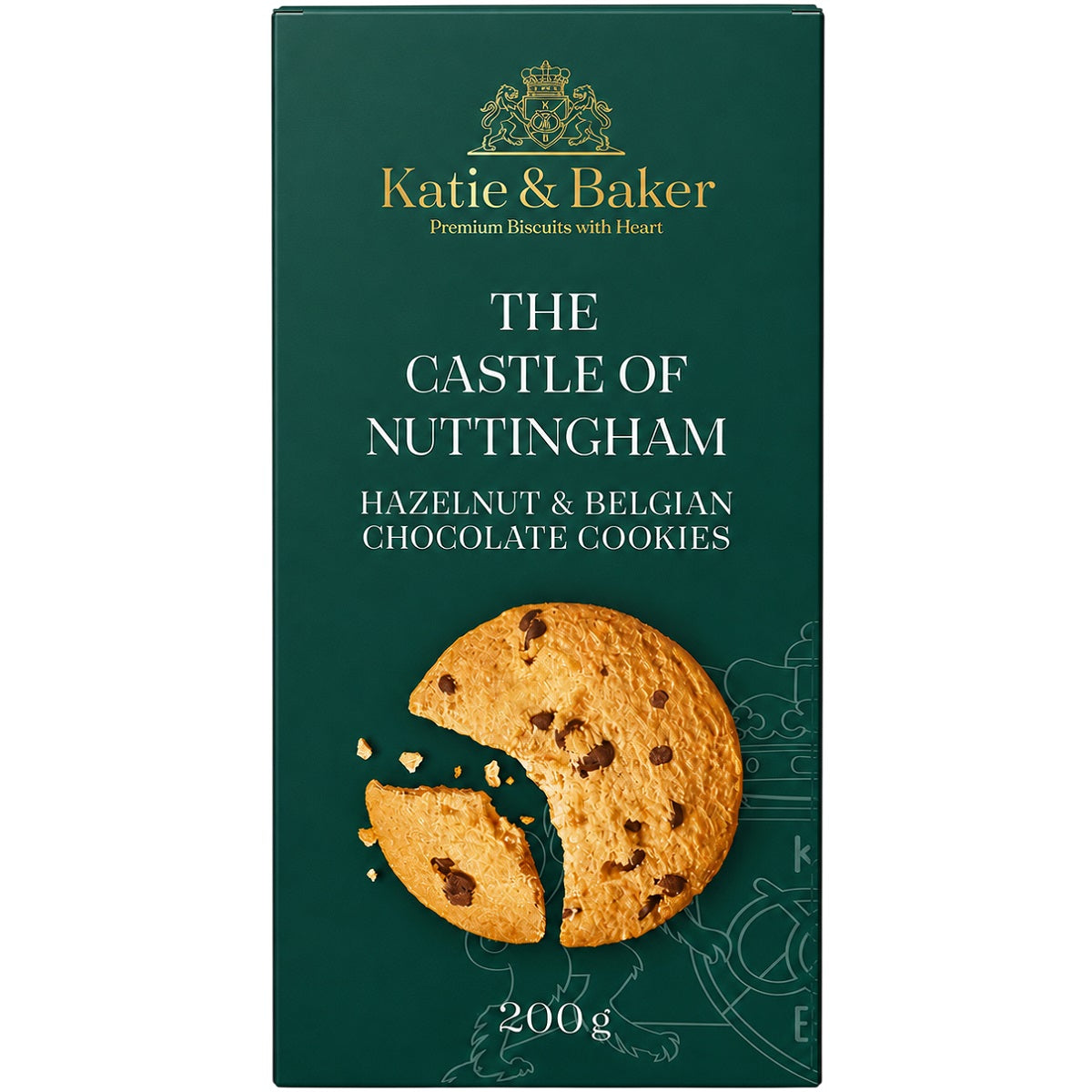 A box of cookies with hazelnut and Belgian dark chocolate chips.