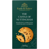 A box of cookies with hazelnut and Belgian dark chocolate chips.