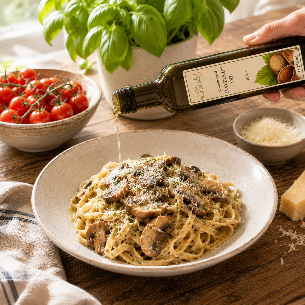 Plate of porcini pasta with grated parmesan and a drizzle of hazelnut oil on a wooden table.