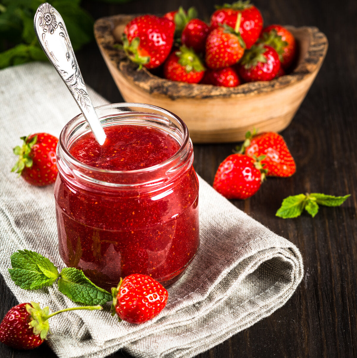 Homemade strawberry jam made with fresh fruit, minimal added sugar and pectin.