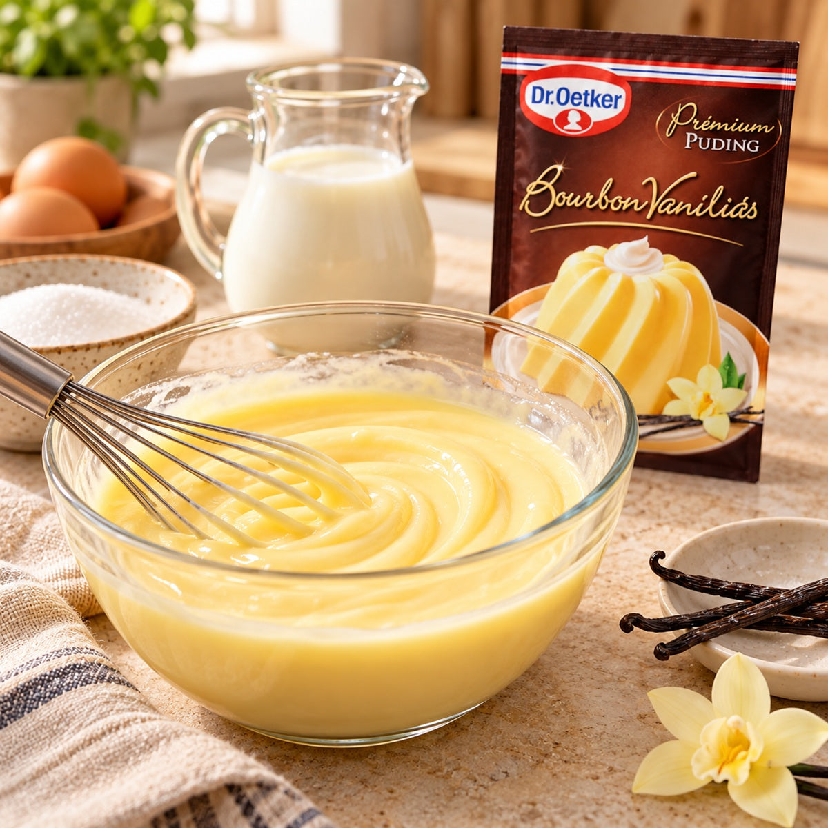 A bowl of creamy yellow pudding with a whisk on a countertop beside a package of Dr Oetker Vanilla Pudding Mix.
