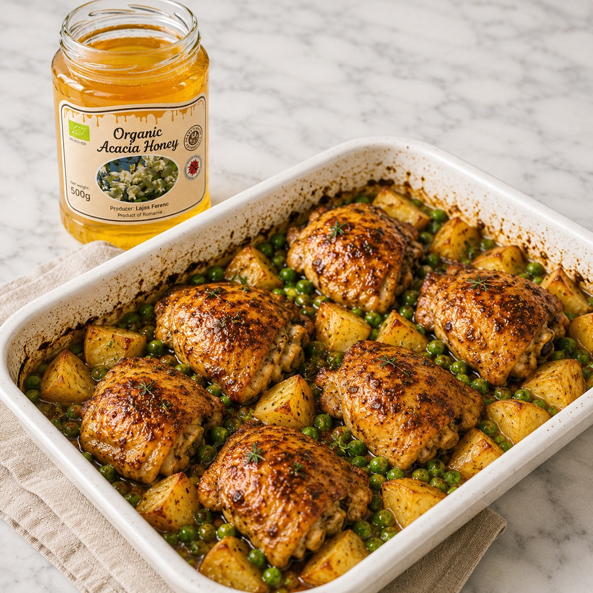Baked dish with honey-mustard-marinated chicken thighs, potatoes, and peas next to a jar of acacia honey.