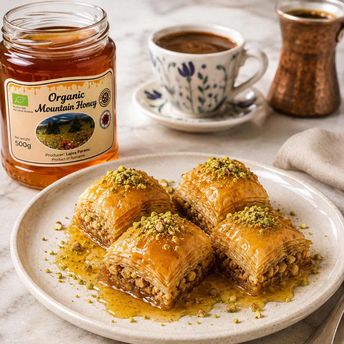Baklava with honey on a plate with organic mountain honey and a cup of coffee in the background.