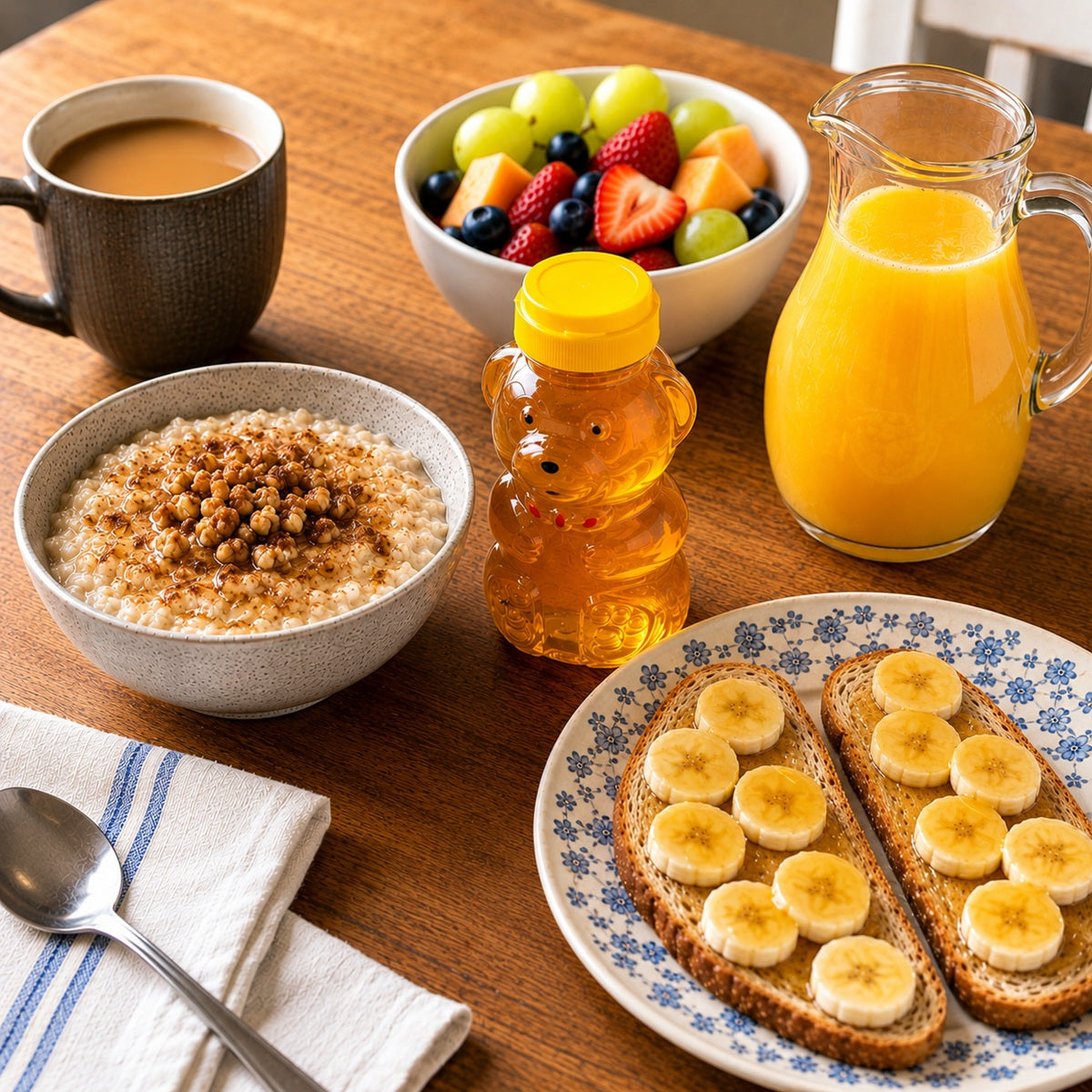 Breakfast spread with porridge, toast with bananas, coffee, and a fruit bowl all drizzled with honey on a wooden table.