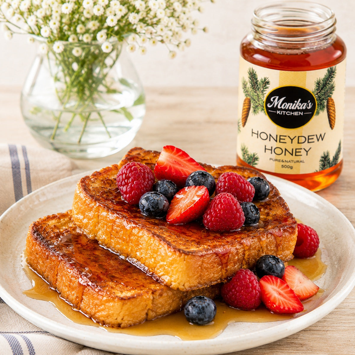 Stack of French toast with berries and honey on a plate next to a jar of honeydew honey.
