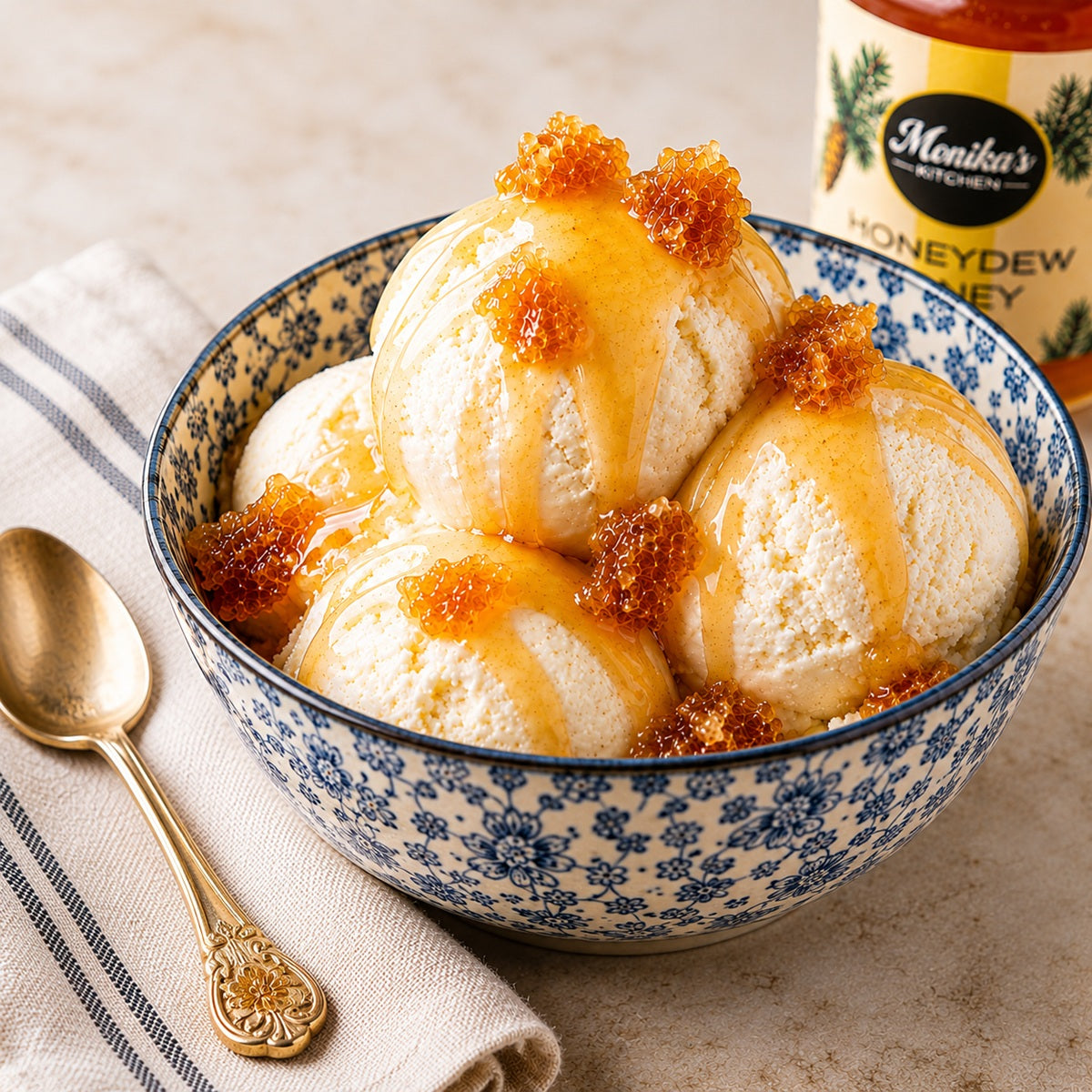Bowl of vanilla ice cream with honeycomb and honey, jar of Honeydew Honey in the background.