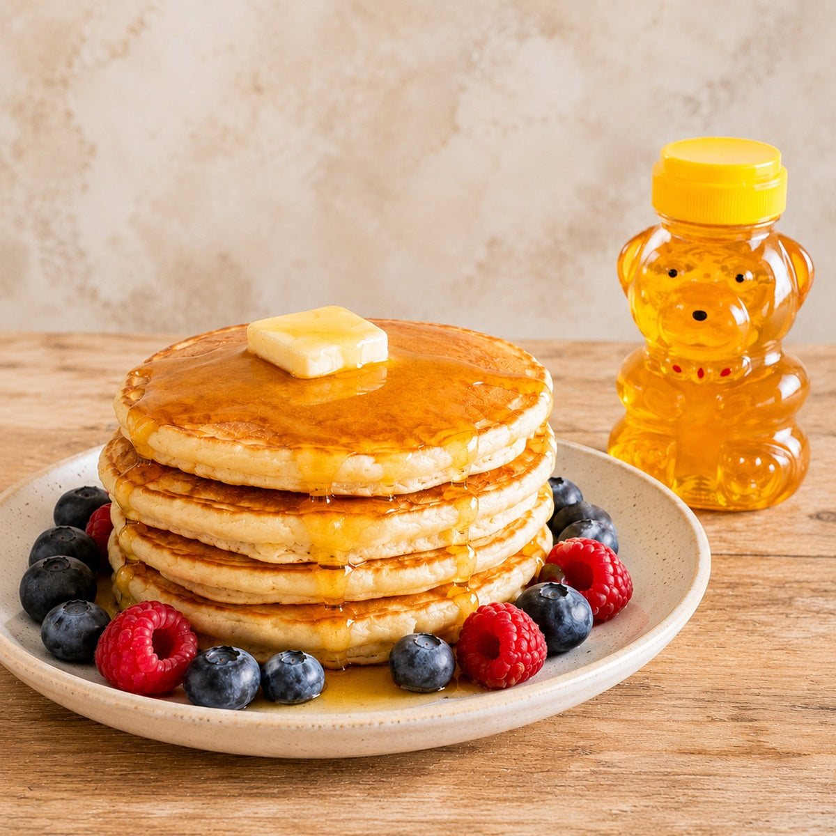 Plate of fluffy, american-style pancakes with honey and berries, with a jar of squeezy honey bear in the background.
