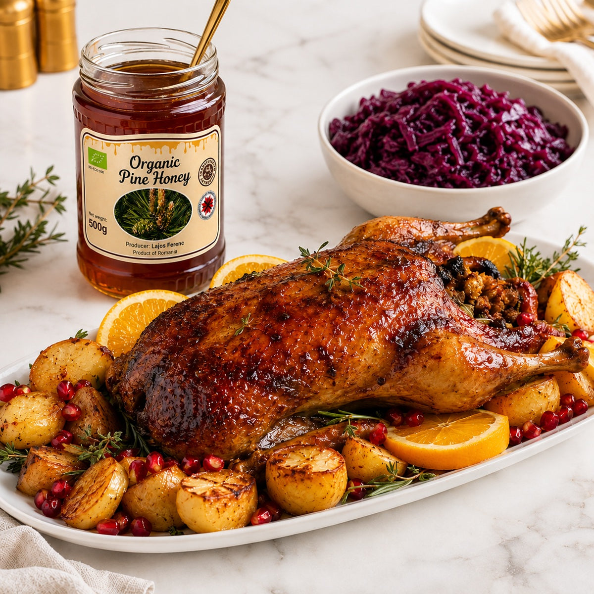 Roasted duck with potatoes, oranges, and red cabbage on a white plate with a jar of organic pine honey.