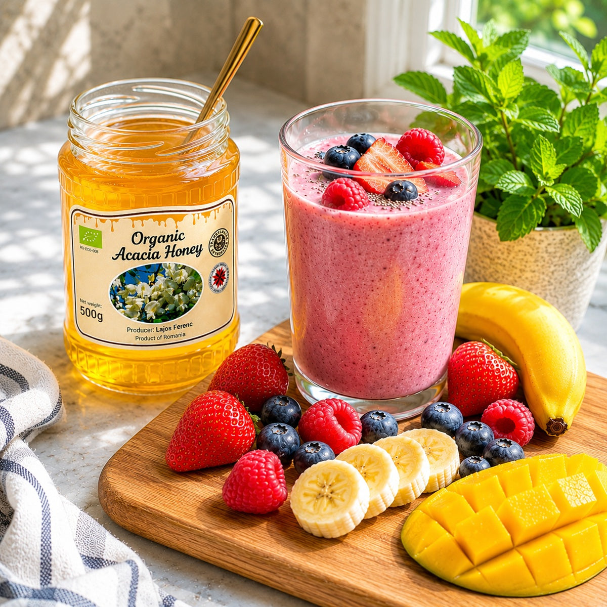 Jar of organic acacia honey with a glass of a smoothie and fresh fruits on a wooden board.