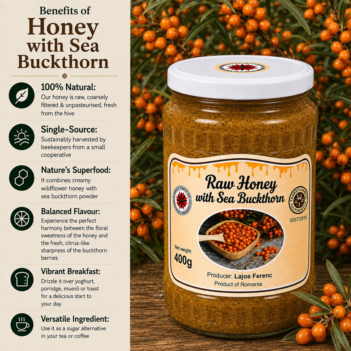 Infographic showing the benefits of eating raw honey with sea buckthorn.