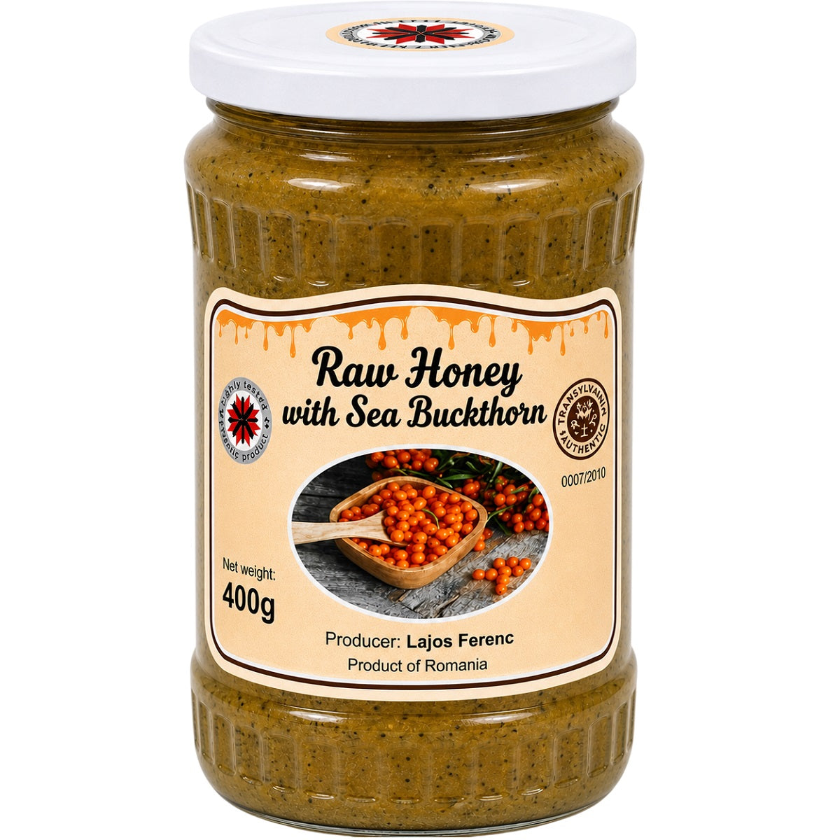Jar of honey with sea buckthorn.