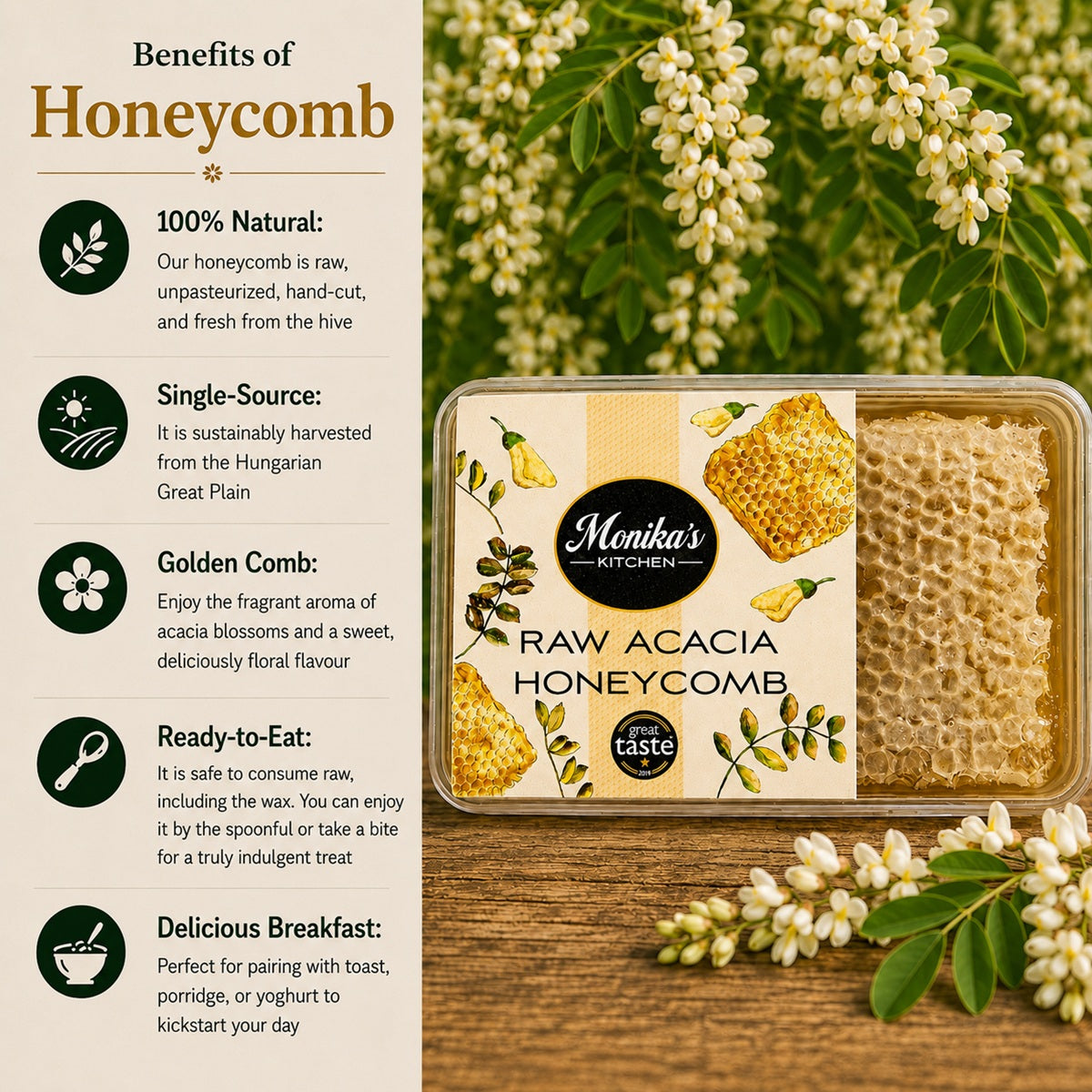Infographic showing the benefits of eating and using raw honeycomb.