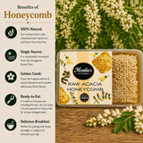 Infographic showing the benefits of eating and using raw honeycomb.