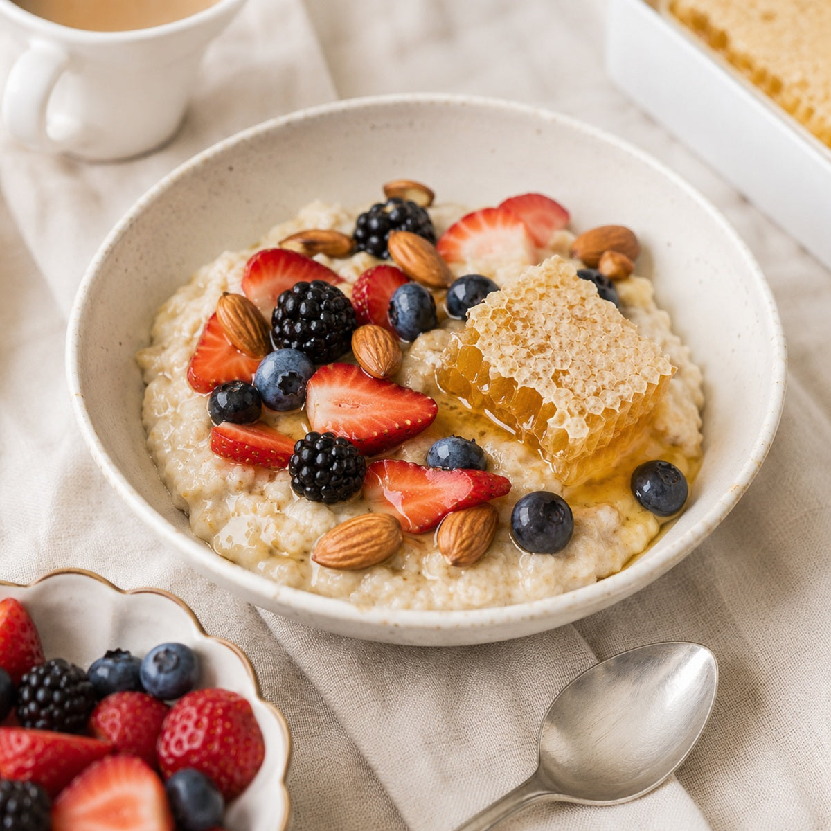 Bowl of porridge with fruits and a piece of honeycomb on a beige cloth.