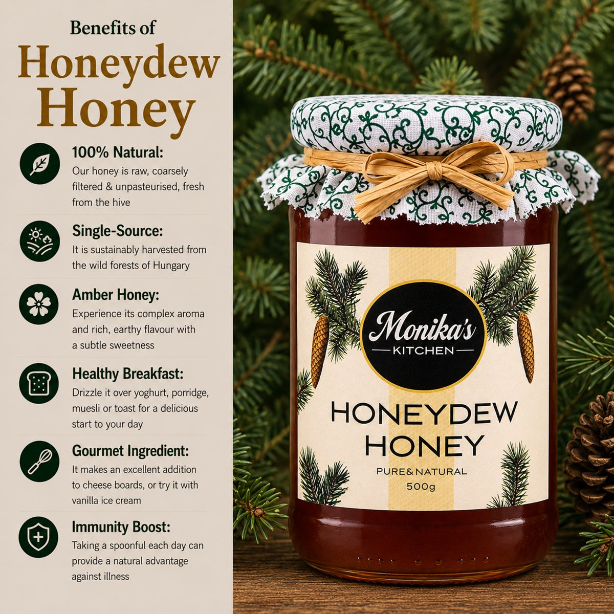 Infographic showing the benefits of eating honeydew honey.