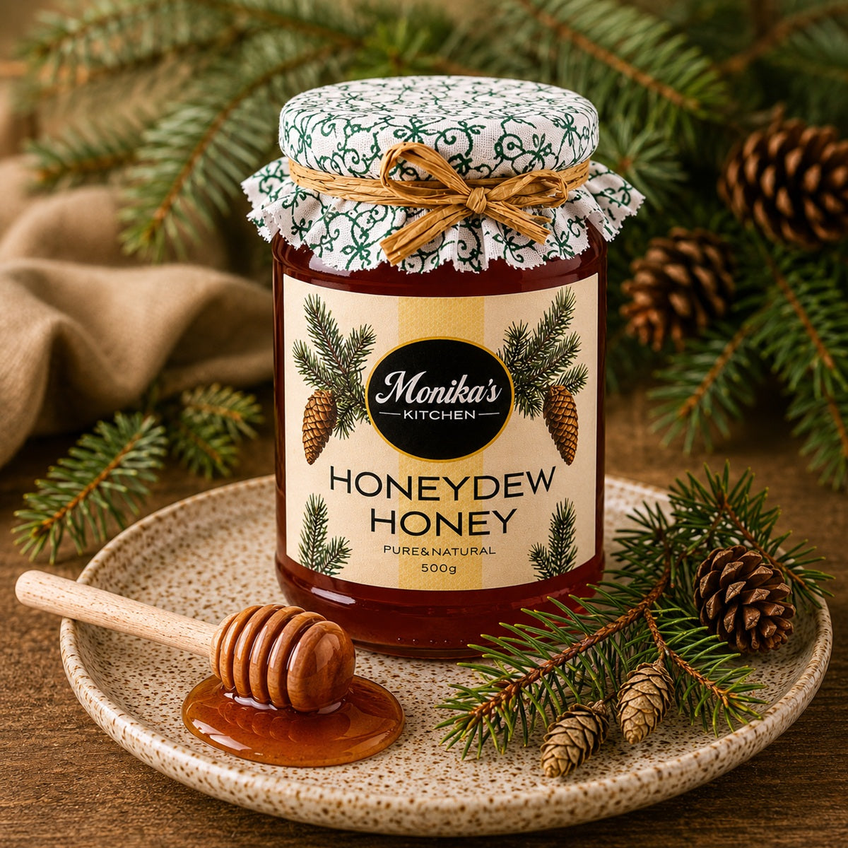 Jar of Monika's Kitchen Honeydew Honey with a honey dipper on a wooden surface with pine branches.