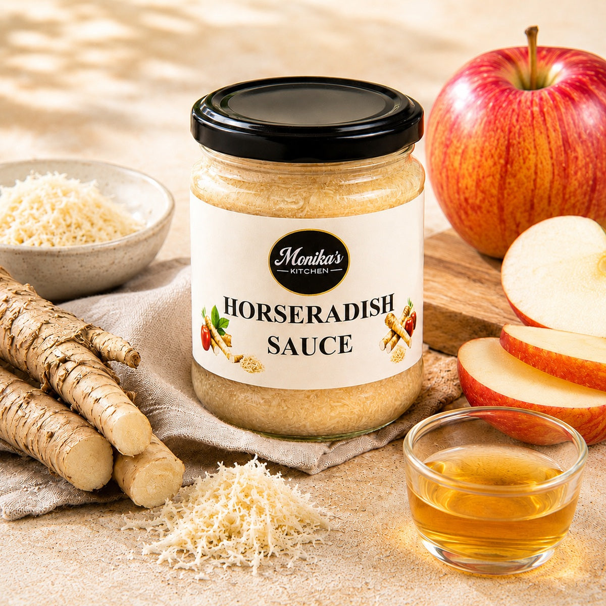 Jar of Monika's Kitchen Horseradish Sauce with vegan ingredients on a wooden surface.