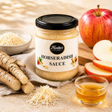 Jar of Monika's Kitchen Horseradish Sauce with vegan ingredients on a wooden surface.
